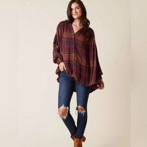 Free People Plaid Button Down Shirt - Burgundy and Orange